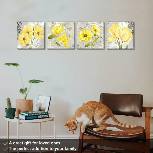 Vista 34 de Wall HDQ Arte de pared de flores para baño, dormitorio, sala de estar, decoración de pared azul y naranja, pintura floral, lienzo impreso, imagen