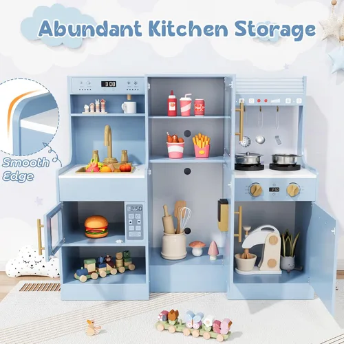 Vista 6 de MAMIZO Cocina de juego de madera para niños, juego de cocina de juguete para niños, juego de cocina interactivo grande con 6 utensilios de cocina