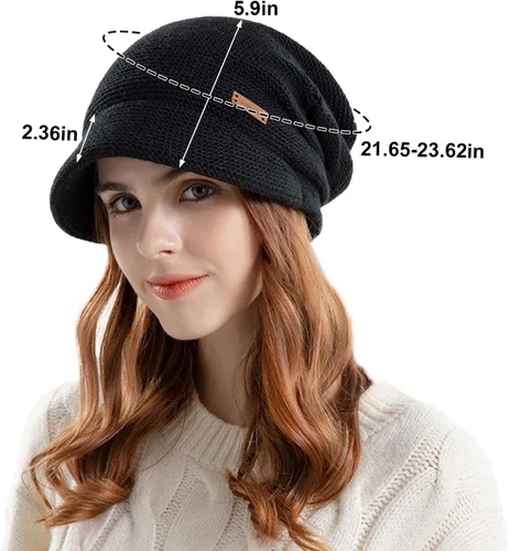 Vista 2 de Gorro de punto holgado para mujer, con forro polar cálido, gorro elástico con visera