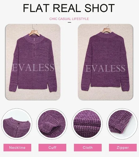 Vista 5 de EVALESS Suéteres con cremallera de un cuarto para mujer, suéter de manga larga Waffle Kint, trajes casuales de negocios