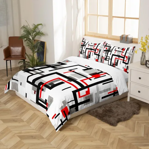 Vista 5 de Juego de ropa de cama de líneas negras, rojas y grises, tamaño individual para habitación de niños y niños, juego de funda de edredón con costuras