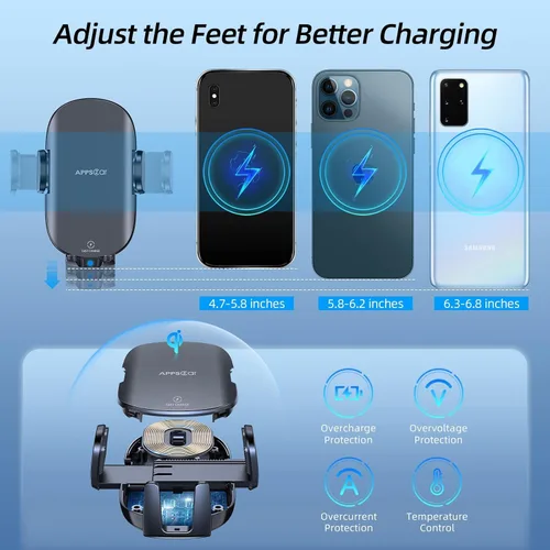 Vista 3 de APPS2Car Cargador inalámbrico de coche de 15 W de carga rápida para coche, cargador de coche inalámbrico para salpicadero, parabrisas, ventilación