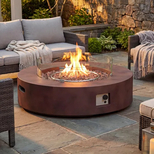 Vista 11 de COSIEST mesa cuadrada de propano para exteriores de arenisca con protector contra el viento, certificada, quemador de acero inoxidable de 50,000