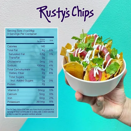 Vista 2 de Rusty's Chips - Chips de maíz crujientes saludables hechos a mano con chile y lima, sin conservantes - Snacks sin gluten, sin transgrasas, sin OMG