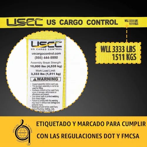 Vista 3 de US Cargo Control Correa de trinquete de gancho plano de 2 pulgadas de ancho x 12 pies de largo, correa confiable amarilla para seguridad, límite