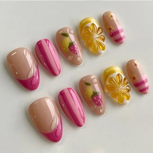 Vista 7 de Uñas postizas cortas en forma de almendra SWEKKE con punta francesa, uñas falsas con diseños de flores 3D en amarillo y rosa, uñas adhesivas