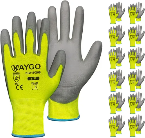 Vista 14 de KAYGO KG11PB - Guantes de trabajo de seguridad con revestimiento de poliuretano, 12 pares de guantes de punto sin costuras para hombres y mujeres