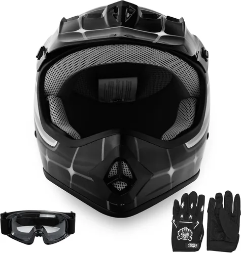 Vista 9 de SLMOTO Casco de motocross para niños y jóvenes, casco de motocicleta todoterreno para motocross, ATV aprobado por DOT, casco de calavera negra
