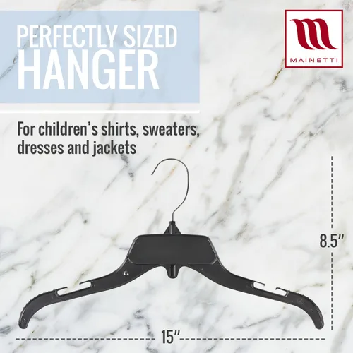 Vista 3 de Mainetti 485 - Ganchos de plástico negro con garfio giratorio de metal y muescas para tirantes, ideal para camisas, tops y vestidos, miden 38 cm
