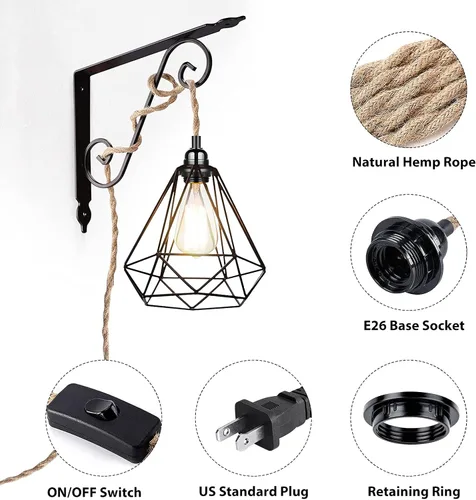 Vista 9 de Lámpara colgante enchufable, cable de lámpara colgante de 15 pies con interruptor, casquillo de bombilla E26, lámparas aéreas industriales DIY