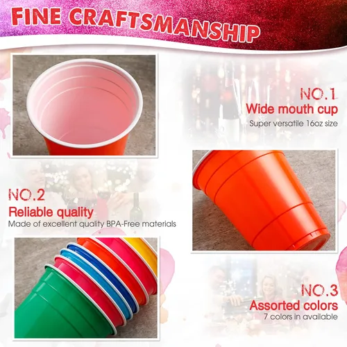 Vista 3 de Xinnun Paquete de 210 vasos de plástico de colores a granel de arco iris desechables de 16 onzas, vasos de plástico multicolor para fiesta, boda