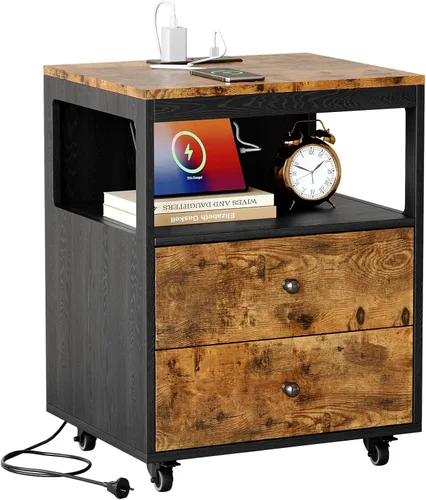 Vista 15 de Mesa auxiliar estrecha con estación de carga y ruedas, mesa auxiliar de sofá estrecha móvil con puertos USB y salidas para espacio pequeño, sala