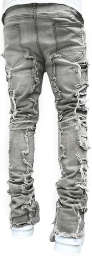 Vista 4 de Jeans apilados de ajuste regular para hombre, rasgados, ajustados, desgastados, rectos, ropa de calle