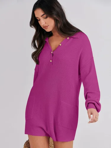 Vista 6 de ANRABESS Enterizo de suéter para mujer, trajes de otoño 2023, a la moda, largo, Henley, cuello en V, overol de punto para descansar
