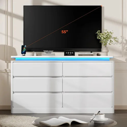 Vista 8 de Loomie Cómoda blanca mejorada de 6 cajones para dormitorio, cajonera larga de 47.2" con estación de carga y luces LED, mueble de almacenamiento