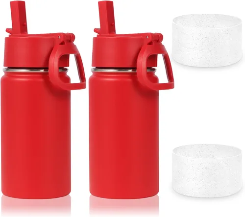 Vista 25 de Volhoply Botella de agua de acero inoxidable aislada de 14 onzas con tapa de pajita y funda de silicona, sin BPA, fácil de usar para niños y niñas