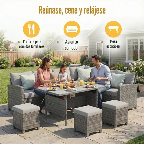 Vista 5 de Wisteria Lane Juego de muebles de patio de 7 piezas, juego de comedor de mimbre con respaldo alto y curvo, para todo tipo de clima, muebles de Gris