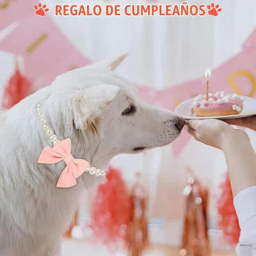 Vista 6 de LEIFIDE Collar de perlas para perro, joyería con colgante de lazo rosa, collares de perlas elegantes, collar ajustable para perros y gatos, collar