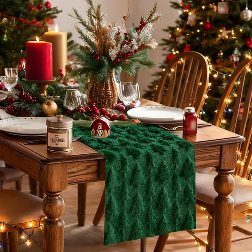 Vista 7 de IVAPUPU Camino de mesa de Navidad para vacaciones de invierno, árbol de Navidad verde de felpa suave con pelusa, decoración del hogar de Navidad