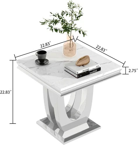 Vista 2 de Mesa auxiliar cuadrada moderna de mármol sintético plateado con parte superior de mármol sintético de 0.71 pulgadas de grosor, base de acero