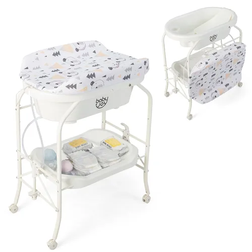 Vista 11 de BABY JOY Bañera para bebé con cambiador, estación plegable para cambiar pañales con bandeja de almacenamiento, almohadilla impermeable, organizador