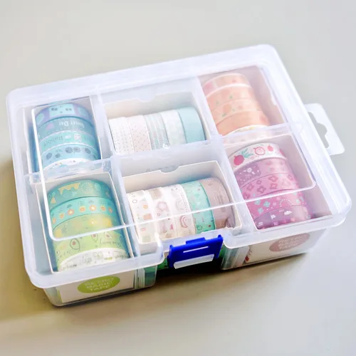 Vista 5 de Caja de almacenamiento de cinta Washi, caja de plástico con 6 compartimentos y ranuras de rejilla para joyería, herramienta de cuentas para cinta