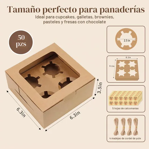 Vista 2 de TOMNK - 50 cajas para magdalenas con ventana, 6.3 x 6.3 x 3 pulgadas, cajas para magdalenas marrones Recipientes para cupcakes con calcomanías