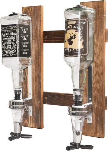 Vista 2 de Dispensador de licor montado en la pared de 2 botellas, estante de pared de madera para bar en casa, dispensador de bebidas de vidrio para fiestas
