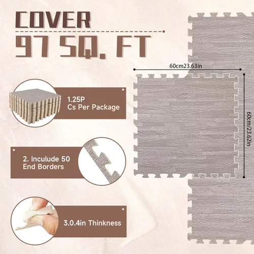 Vista 2 de Azulejos de espuma estampada de 0.4 pulgadas de grosor, 24 x 24 pulgadas, 25 piezas, suelo protector estilo grano de madera, para el hogar