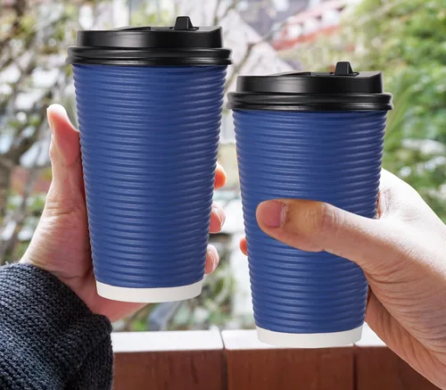 Vista 6 de LITOPAK Paquete de 80 vasos de papel desechables de 16 onzas con aislamiento de pared ondulada, tazas de café de papel caliente aisladas de tres