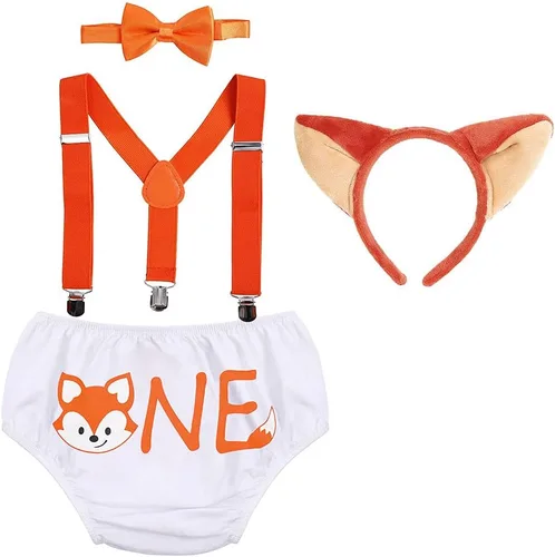 Vista 3 de Conjunto de ropa de bebé niño León Fox Cake Smash Wild One 1er cumpleaños Bloomers cubierta de pañales, tirantes y corbata de moño
