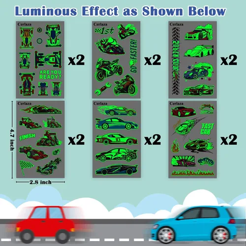 Vista 3 de Cerlaza Tatuajes temporales luminosos para niños, 90 estilos de autos brillantes para fiestas de cumpleaños, decoraciones de recuerdos, calcomanías