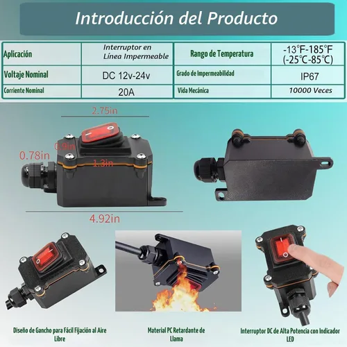 Vista 7 de Interruptor de línea de 12V IP67 impermeable, interruptor de palanca de encendido/apagado de 20A para exteriores, CC 12V-24V con botón basculante