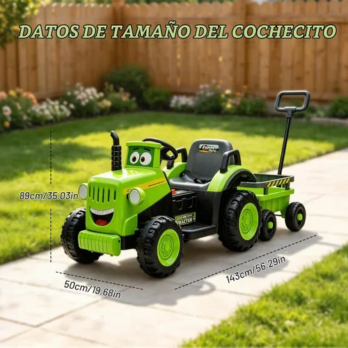 Vista 2 de Tractor de paseo para niños de 12 V con remolque y control remoto de 2.4 G, vehículo eléctrico extragrande con neumáticos EVA, música Bluetooth Verde