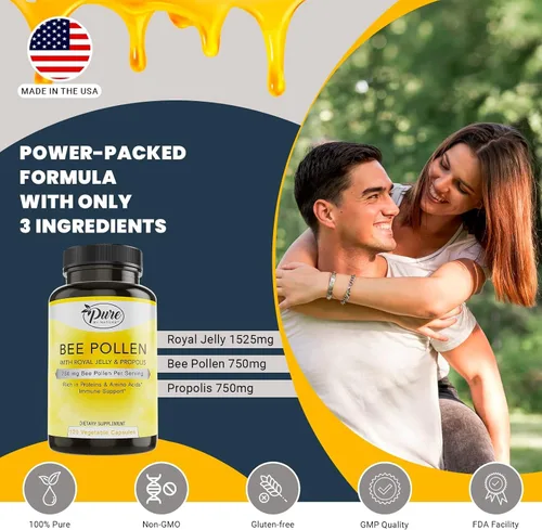 Vista 7 de Pure By Nature Suplemento de polen de abeja con propóleo y jalea real para apoyo inmunológico, propiedades antioxidantes, 120 cápsulas vegetarianas