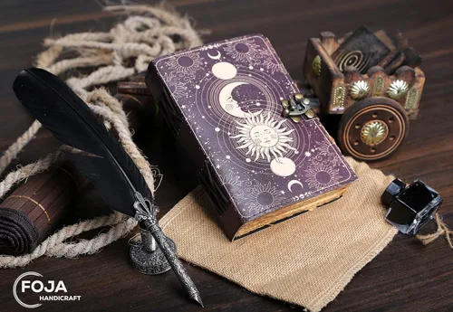 Vista 4 de Sun & Moon - Diario vintage de cuero para hombres y mujeres, 200 páginas de papel vintage antiguo hecho a mano, cuaderno de bocetos de cuero, diario