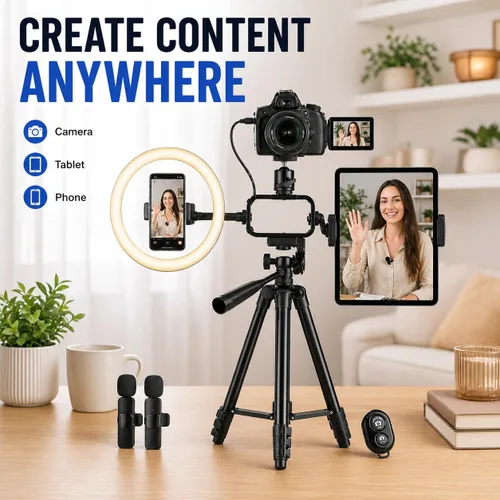 Vista 5 de Acuvar Kit de vlogging con trípode de luz de anillo – Kit de creación de contenido para iPhone, Android y tabletas, micrófono, control remoto