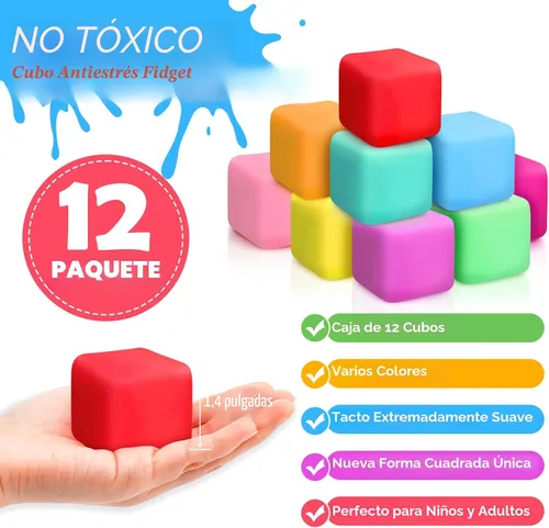 Vista 2 de Paquete de 12 cubos de estrés de aumento lento, bolas de estrés para masa, juguetes para aliviar la ansiedad, cubo suave, juguetes elásticos