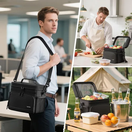 Vista 6 de Lonchera térmica para mujeres y hombres, bolsa térmica suave para el trabajo, oficina, viajes, picnic, color negro, 9L