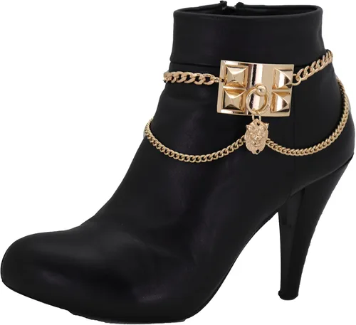 Vista 5 de Pulsera para botas occidentales de metal dorado para mujer, cadena para el tobillo, con forma de león y ondas laterales, Metal, Sin gemas.