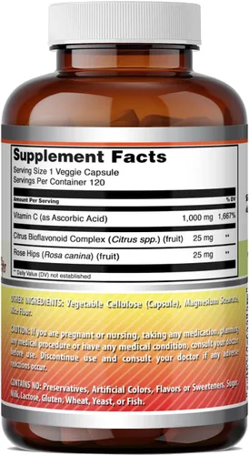 Vista 5 de Amazing Formulas Vitamina C (ácido ascórbico) de 1000 mg con bioflavonoides de rosa y cítricos Suplemento de cápsulas vegetales Sin OMG Sin