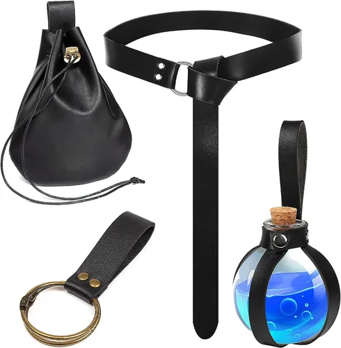 Vista 9 de Juego de 4 piezas de cinturón renacentista de Halloween, bolsa de cinturón de corcho, poción de corcho, falda de botella, caminatas, medieval