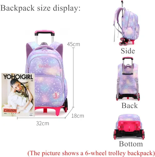 Vista 2 de EKUIZAI Colorido corazón impresión Trolley mochila escuela primaria estudiantes Rolling Bookbag lindo niñas mochila con ruedas, púrpura, Classic