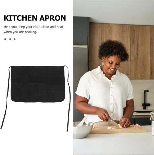 Vista 3 de Multi-pockets Black Polyester Cleaning Apron for Women with Waist Ties, Server and Kitchen Apron for Restaurant and Outdoor Work
