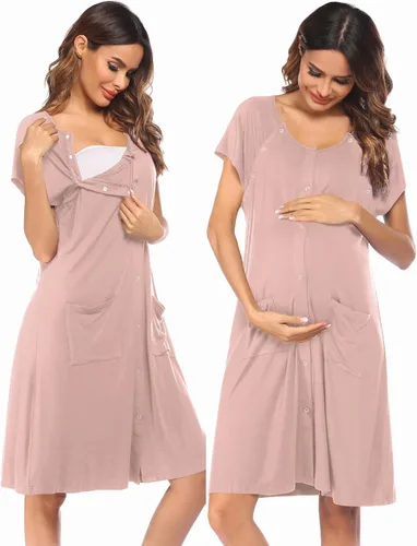 Vista 10 de Ekouaer - Vestido de maternidad 3 en 1 para trabajo de parto/hospital, camisón de lactancia, ropa de dormir para amamantar con botones S-XXL A-Negro