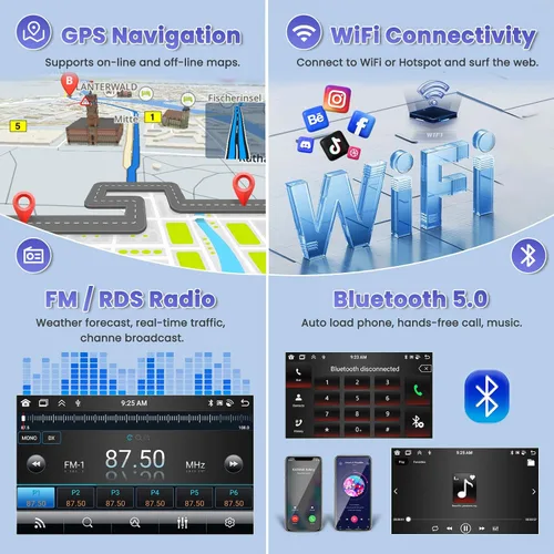 Vista 10 de Hikity 8-Core 4+64G 7'' Android 15 Estéreo de coche doble DIN Radio de pantalla táctil, Carplay inalámbrico Android Auto Mirror Link, GPS 32EQ