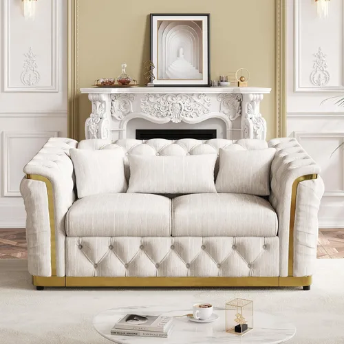 Vista 19 de Sofá Chesterfield de terciopelo de 62.5 pulgadas con respaldo copetudo y detalles dorados, beige Blanco