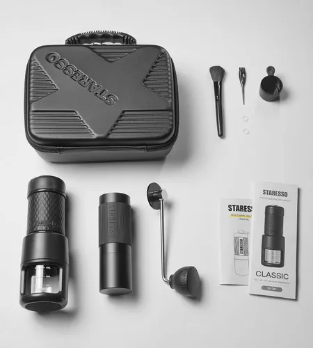 Vista 8 de STARESSO Kit de viaje 2026, juego de máquina de café espresso portátil y molinillo, doble uso para café molido y vainas, no necesita energía