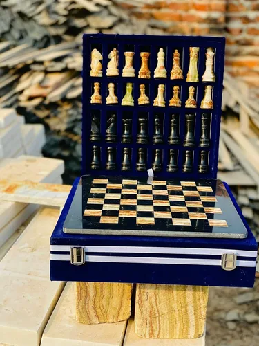 Vista 4 de NB - Juego de ajedrez de mármol hecho a mano de 12 pulgadas con caja de regalo de terciopelo azul, elegante tablero de ajedrez de piedra con juego