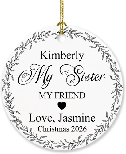 Vista 9 de Sister are Joined - Adorno de Navidad de corazón a corazón, adorno de Navidad personalizado con nombre de hermana, regalo para dos hermanas, adorno